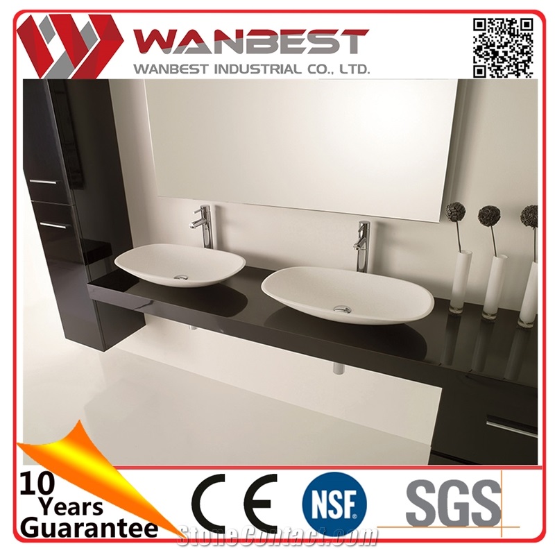 Black Artificial Stone Countertop Sink White Solid Surface Oval Bathroom Double Wash Sink for Home/Hotel
