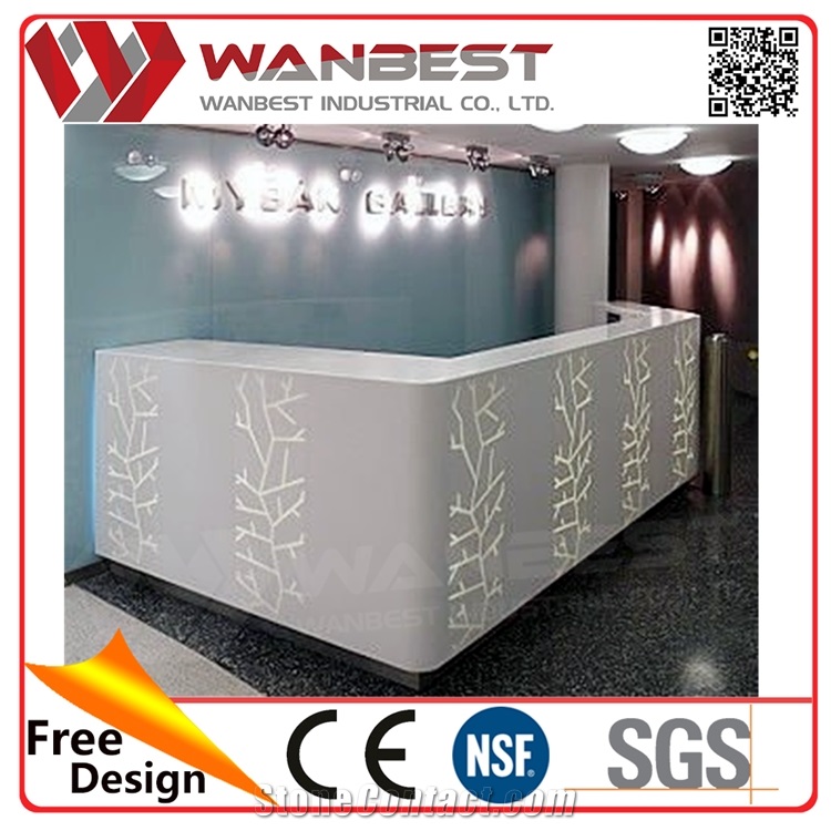 Curved Acrylic Solid Surface Lighted Reception Desk Designs for Hotels and Lobby Reception Desks