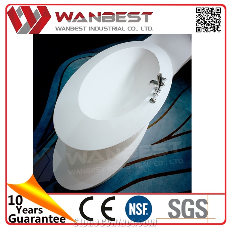 Customized Oval White Solid Surface Bathroom Sink Artificial Marble Wash Basin