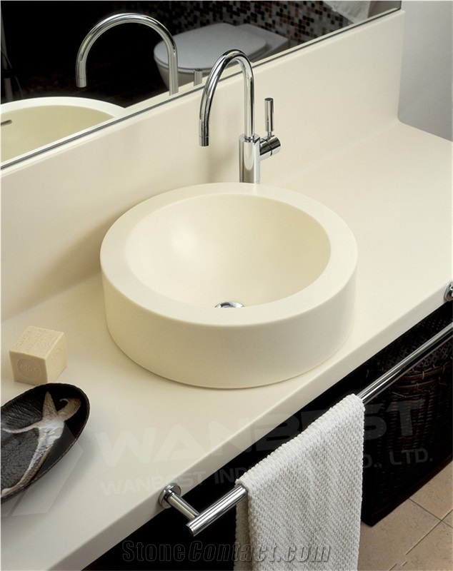 Fancy Solid Surface Bathroom Sink White Round Artificial Stone Wash Basin