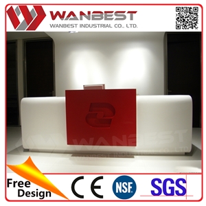 New Office Foyer Designs White and Red Artificial Marble Solid Surface Reception Table Standing Receptionist Desk