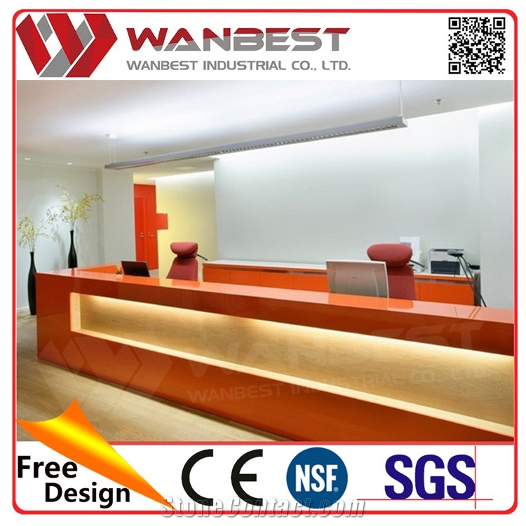 Orange Color Led Lighting Artificial Stone Reception Counter Design Solid Surface Reception Desk