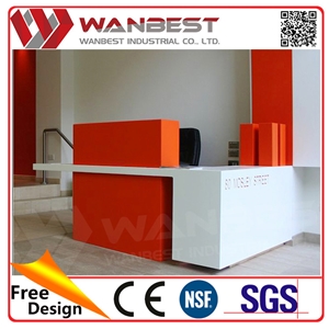 Special Solid Surface Staff Reception Table for Office Red White Color L Shape Artificial Marble Reception Desk