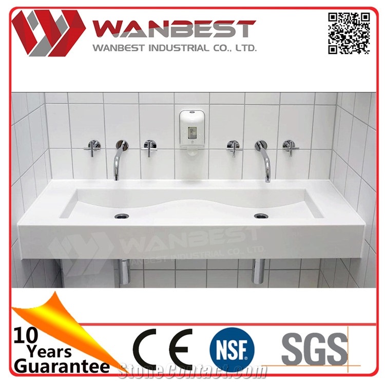 White Artificial Stone Wall Hung Durable Bathroom Sink with Two Faucets