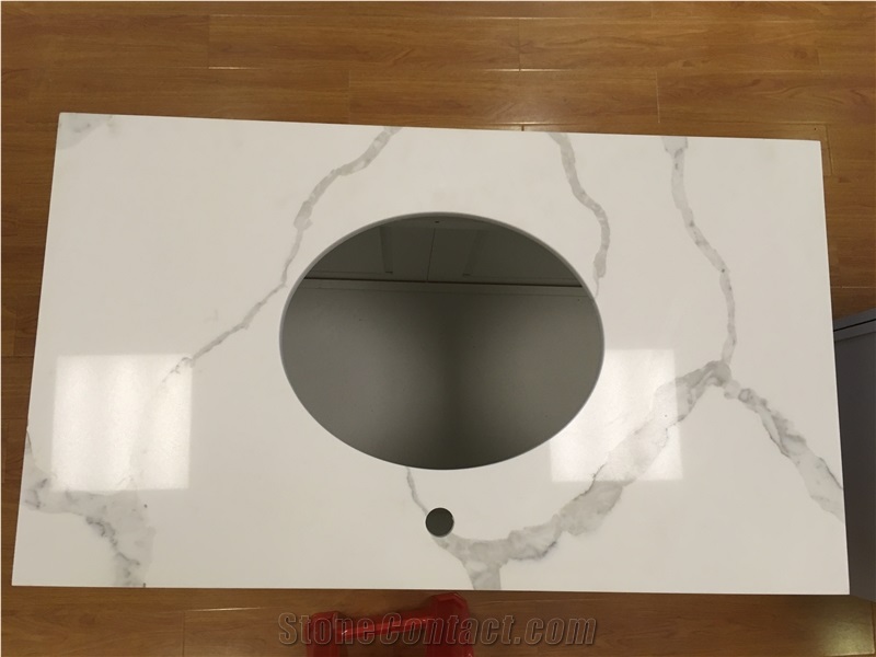 A Quality Calacatta White Marble Look Quartz Stone Solid Surfaces Polished Vanity Top,Engineered Stone Artificial Marble Bath Top- Own Factory
