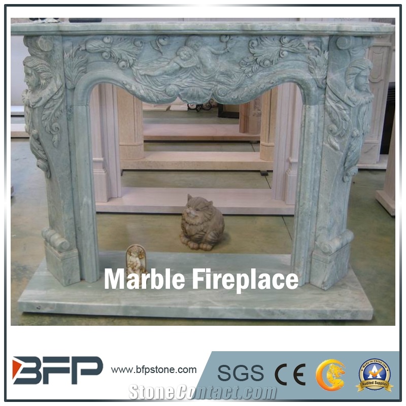 Blue Antique Marble Fireplace, Handcarved Marble Fireplace for Home Decoration
