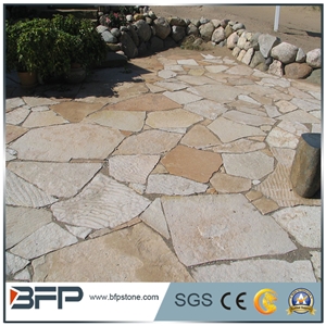 China Popular Cheap Yellow Irregular Crazy Paving Flagstone for Walkway, Road Paving Stone, Driveway, Natural Paving Stone Decoration for Garden, House Exterior Wall, Quarry Owner