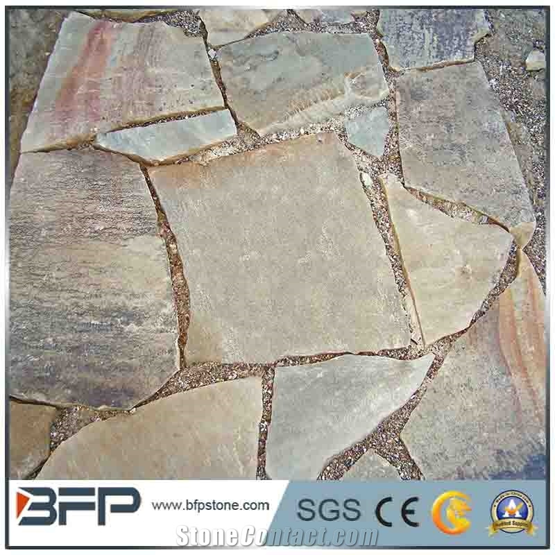 China Popular Cheap Yellow Irregular Crazy Paving Flagstone for Walkway, Road Paving Stone, Driveway, Natural Paving Stone Decoration for Garden, House Exterior Wall, Quarry Owner