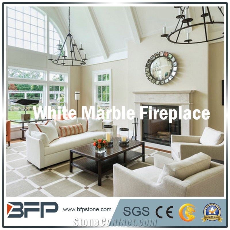 High Ebd Modern White Marble Fireplace, Handcarved Fireplace for Living Room