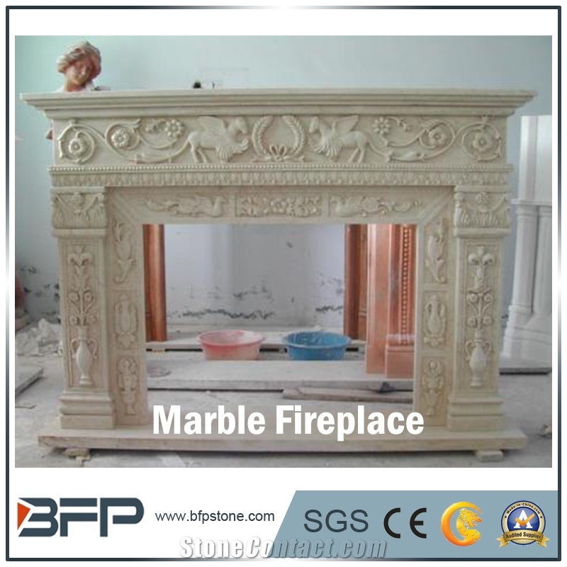High End Beige Marble Antique Fireplace for Home Decoration