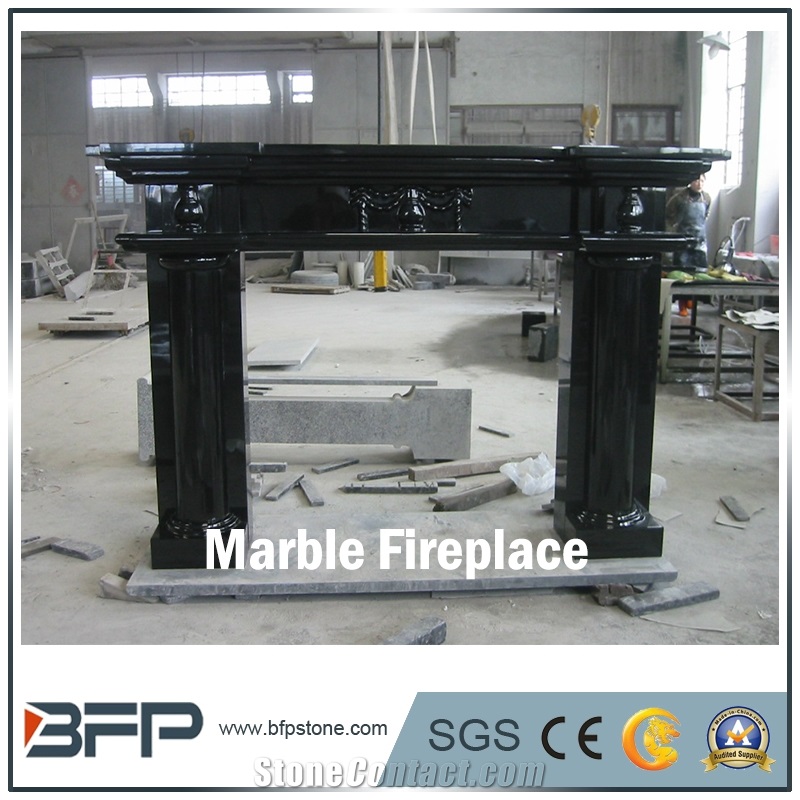 High End Black Marble Fireplace, Handcarved Fireplace