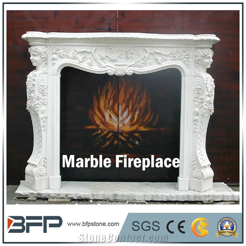 High End White Marble Fireplace Mantel, Handcarved Sculpture for Interior Decoration