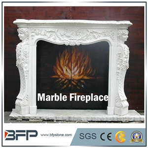 High End White Marble Fireplace Mantel, Handcarved Sculpture for Interior Decoration