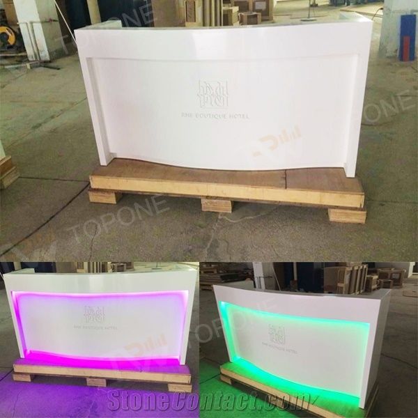 Curved White Artificial Marble Stone Led Light Reception Desk Tops