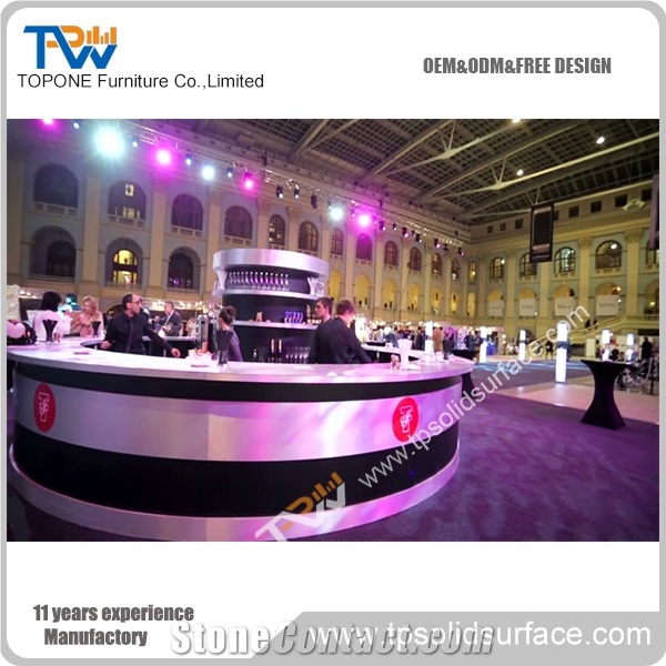Topone Cheap Reception Counter Desk , Round Shape Bar Counter Table Tops , Acrylic Solid Surface Counter Desktop with Led Lights.