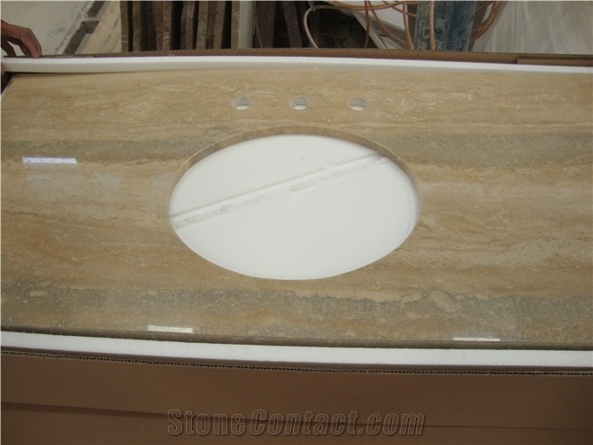 Silver Beige Travertine, Travertino Montemerano Polished Bath Countertop, Vanity Top with Beveled Edge, China Cheap Travetine Countertops