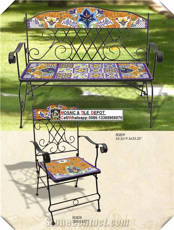 Metal Mosaic Bistro Table and Chairs,Mosaic Furniture,Wrought Iron and Mosaic