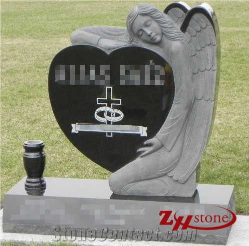 Good Quality Custom Angel with Heart and Slant Absolute Black/ Shanxi Black/ China Black Granite Tombstone Design/ Angel Monuments/ Bevel Headstones/ Heart Tombstones/ Custom Monuments
