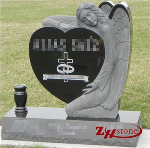 Good Quality Custom Angel with Heart and Slant Absolute Black/ Shanxi Black/ China Black Granite Tombstone Design/ Angel Monuments/ Bevel Headstones/ Heart Tombstones/ Custom Monuments