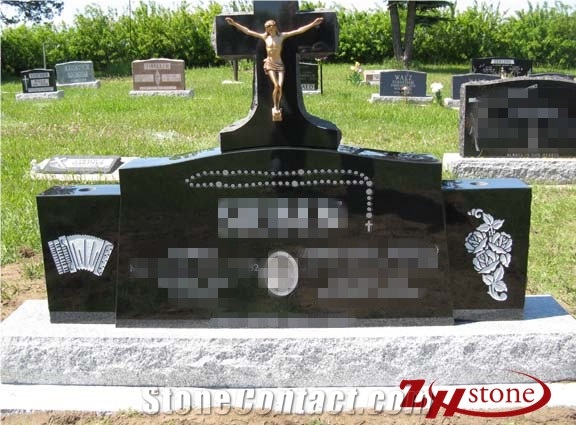 Tranditional Serp Top with Shoulders and Top Latin Cross with Nosings Shanxi Black/ Absolute Black/ China Black Granite Headstones/ Upright Monuments/ Family Monuments/ Gravestone/ Custom Monuments
