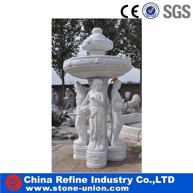 Big White Marble Water Fountain with Lion Head ,Marble Fountain Carved Lady Statue