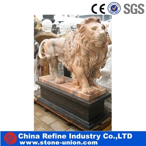 Marble Lion Statue , Stone Sculptures , Marble Carving , Sunset Red Marble Lion Sculpture