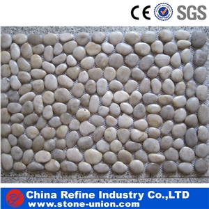 Yellow Flat Polished Pebble Tile on Mesh,Natural Pebble Mosaic Tiles,Different Sizes Polished Pebble River Stone for Decoration in Landscaping ,Garden