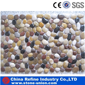 Yellow Flat Polished Pebble Tile on Mesh,Natural Pebble Mosaic Tiles,Different Sizes Polished Pebble River Stone for Decoration in Landscaping ,Garden