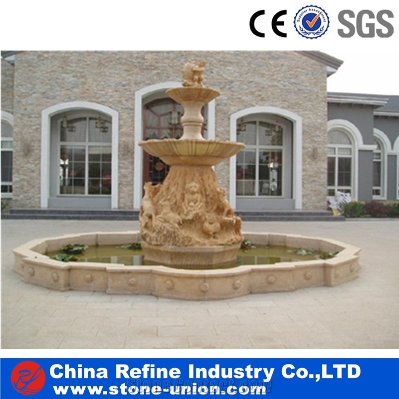 Yellow Limestone Fountain,Pedestal Fountains,Limestone Fountains,Yellow Chinese Limestone Carved Fountains,Garden Fountain Carving Stone for Sale,Square Fountains