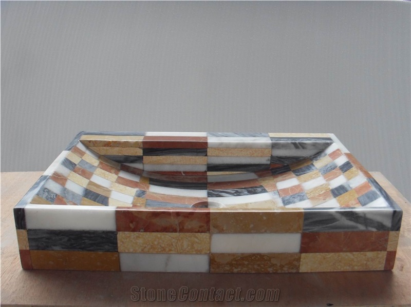 Beige Solid Surface Marble Basin Crema Marfil Mosaic Basin for Wash Basin