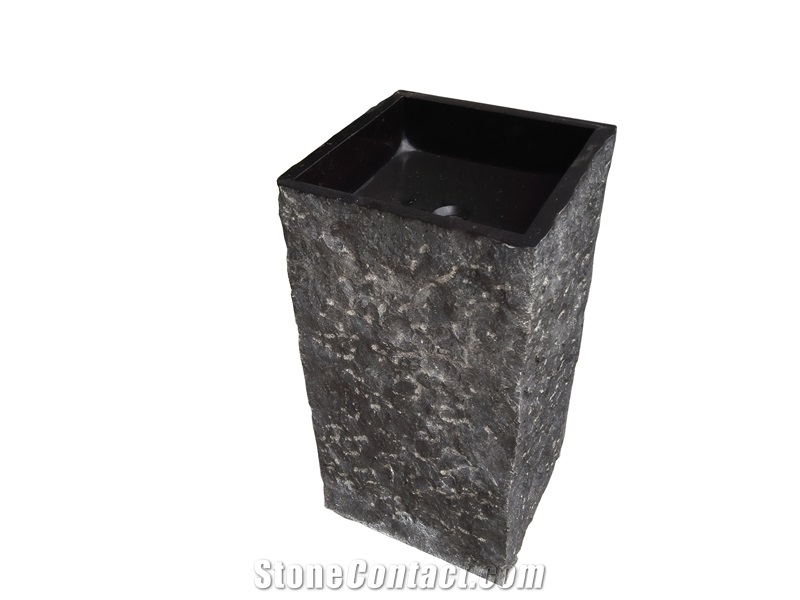 Black Granite Square Basin Absolute Black Pedestal Basin for Bathroom