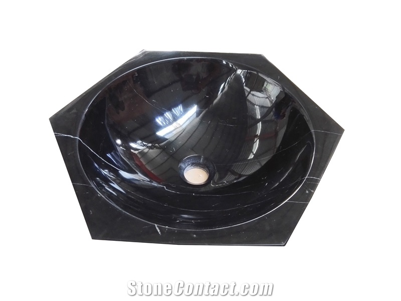 Black Marble Round Sink Nero Marquina Solid Surface Basin For Bathroom Hexagonal Sink