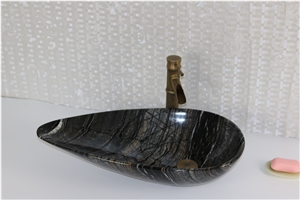 Black Marble Woode Oval Basin Ancient Wood Vessel Sink for Bathroom