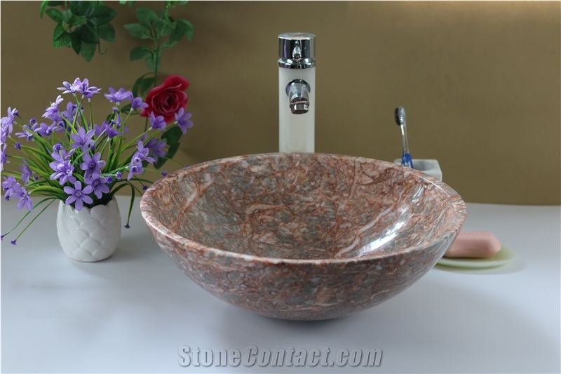 Manmade Brown Marble Stone Basin Marble Marron Emperador Round Sink for Bathroom Sink