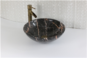 Nero Marquina Round Basin Solid Black Marble Basin for Bathroom Sink
