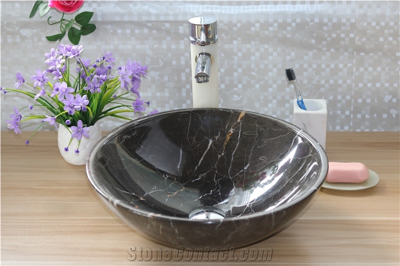 Nero Marquina Round Basin Solid Black Marble Basin for Bathroom Sink