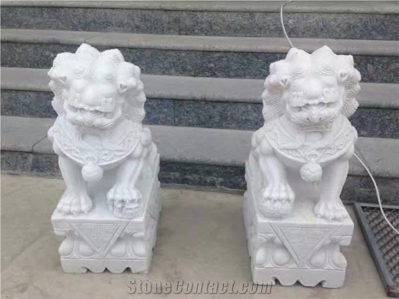 Small White Marble Lion Sculptures,Outdoor Lion Statue Decoration,Fu Dog Handcarved Sculptures
