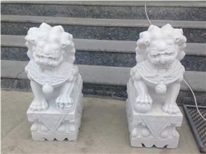 Small White Marble Lion Sculptures,Outdoor Lion Statue Decoration,Fu Dog Handcarved Sculptures
