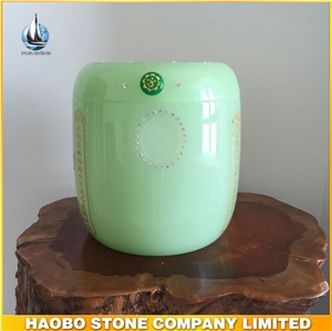 Wholesale Green Liuli Onyx Cremation Urns with Buddhist Texts Engraving