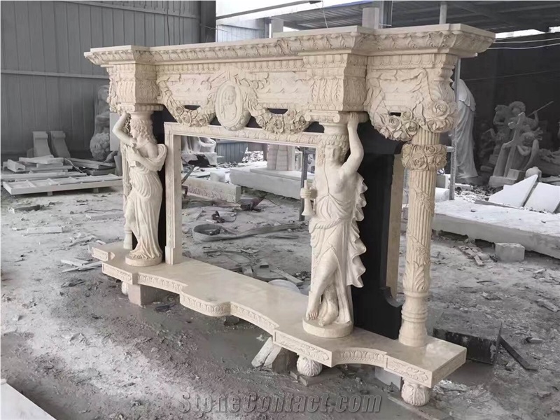 Beige Color Marble Fabricate Natural Stone Fireplaces Decorating