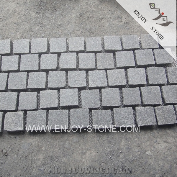 Brick Type Meshed G684 Black Flamed Granite Pavers, Raven Black Granite Paver on Mesh, Black Stone Cobblestone,Paving Stone for Driveway,Walkway Paving,Cobbles with the Mesh