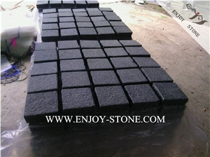 Chinese G654 Dark Grey Granite,Sesame Grey Granite Meshed Pavers,Flamed Top,Sides Natural Split Cobble Stone with Meshed Back for Exterior Pattern,Courtyard Road Pavers,Garden Stepping Pavements
