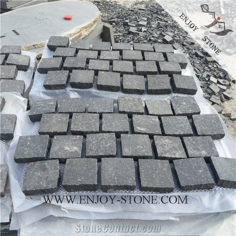 Flamed Cube/Cobble Stone with Mesh Zhangpu Black, Black Basalt,Zp Black ,All Sides Natural Split Cube/Cobble/Flooring/Walling/Pavers