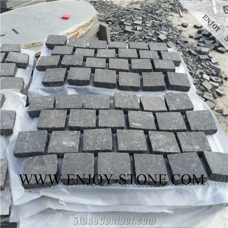 Flamed Cube/Cobble with Mesh Stone Zhangpu Black, Black Basalt,Zp Black ,Flamed Cube/Cobble/Flooring/Walling/Pavers