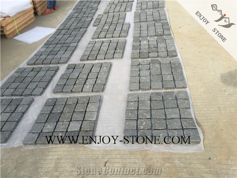 Flamed Cube/Cobble with Mesh Stone Zhangpu Black, Black Basalt,Zp Black ,Flamed Cube/Cobble/Flooring/Walling/Pavers