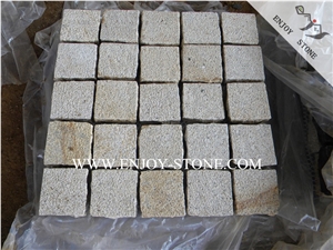G682 Yellow Rustic Granite Paving Stone Wish Mesh,Bush Hammered Surface Sides Natural Split Meshed Yellow Granite Cobble Stone,Cube Stone,Paving Sets,Patio Pavers