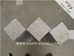 G682 Yellow Rusty Granite Cobble Stone,China Yellow Granite Cube,Paving Sets,Bush Hammered Surface,Other Sides Sawn Cut
