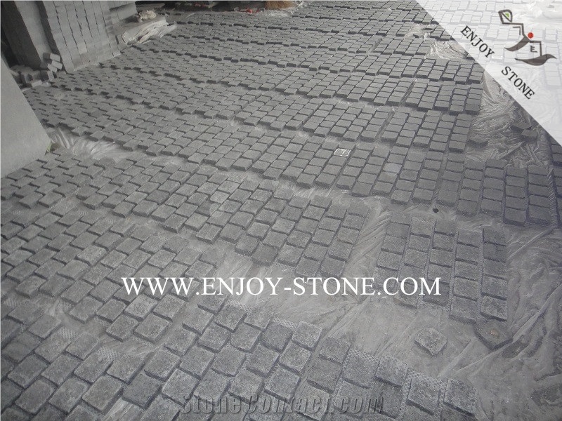 G684 Black Basalt Flamed+Natural Split Cobble Stone on Mesh,Meshed Walkway Pavers,Driveway Paving Stone for Exterior Pattern