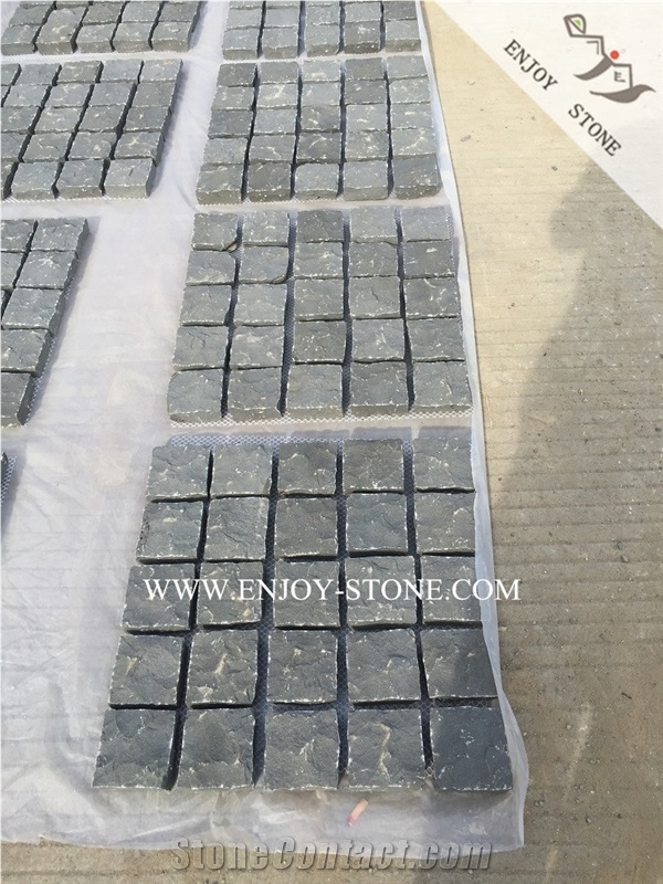 Meshed Zhangpu Black Basalt,Natural Split Surface and Four Sides,China Black Basalt with Meshed Back Cobble Stone,Driveway Paving Stone,Garden Stepping Pavements