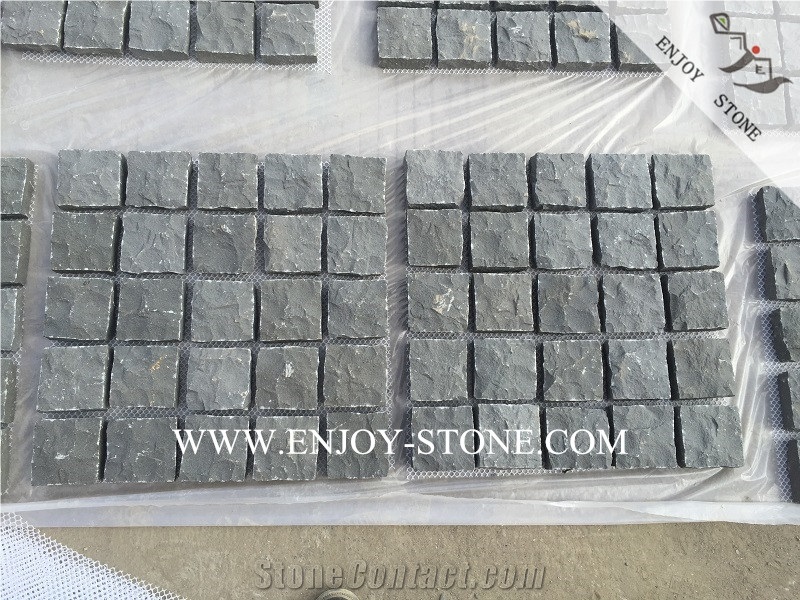 Meshed Zhangpu Black Basalt,Natural Split Surface and Four Sides,China Black Basalt with Meshed Back Cobble Stone,Driveway Paving Stone,Garden Stepping Pavements